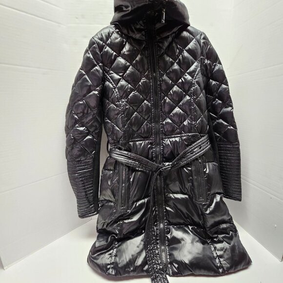Puffer Quilt Black Womens BCBG Maxazria Womens Jacket Coat Belt Full Zip Long S - Picture 1 of 15